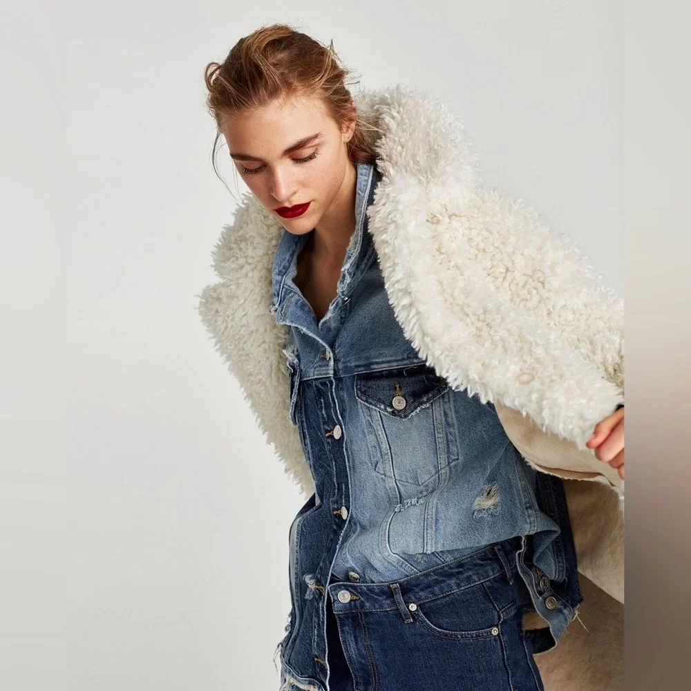 NWT Zara white textured curly knit teddy coat S - Picture 5 of 9